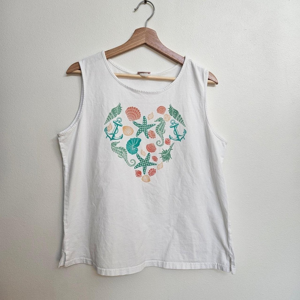 Vintage American Sweetheart Beach Theme Tank Top Womens L COTTON grannycore